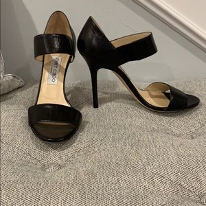 Jimmy choo black leather peep toe strappy heels